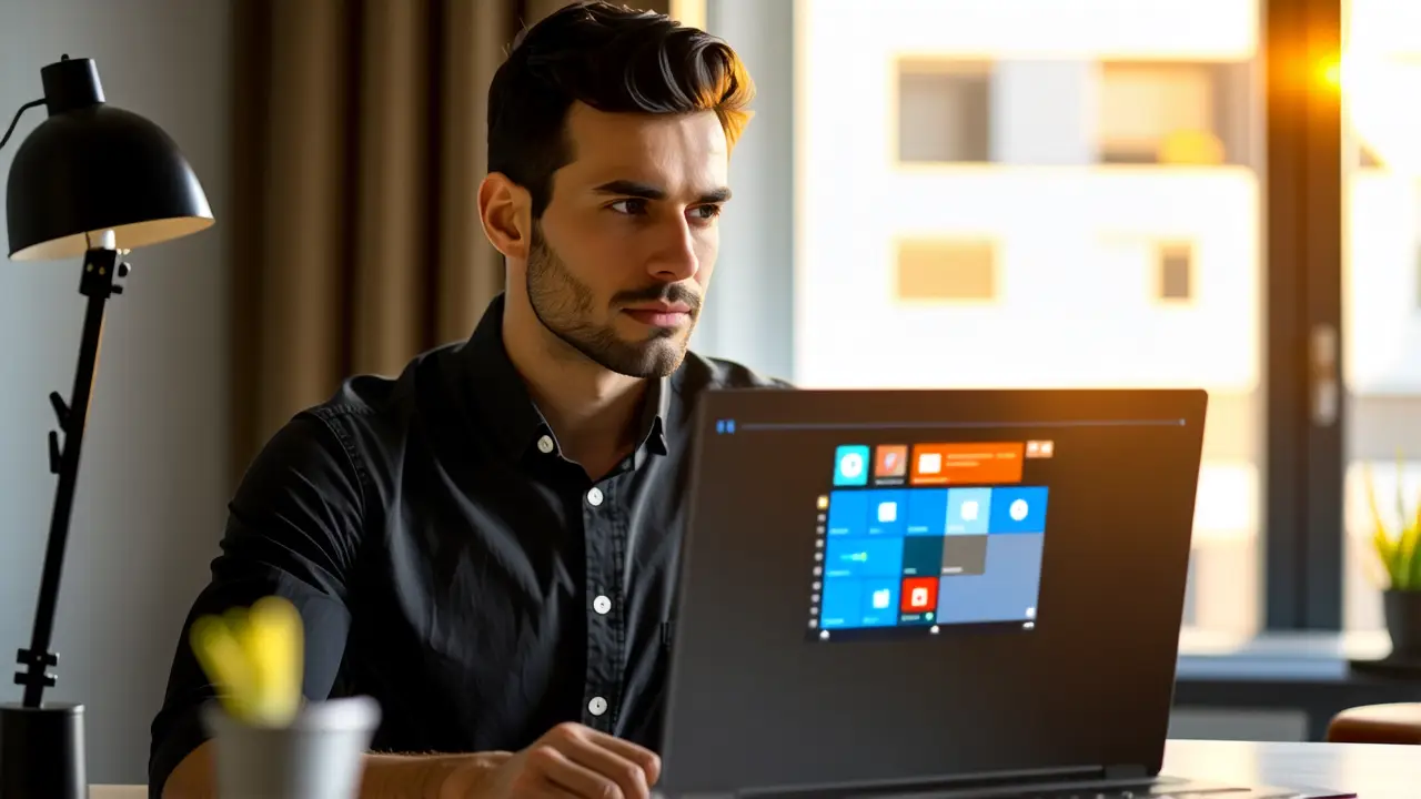 Un hombre pensativo usa una laptop moderna