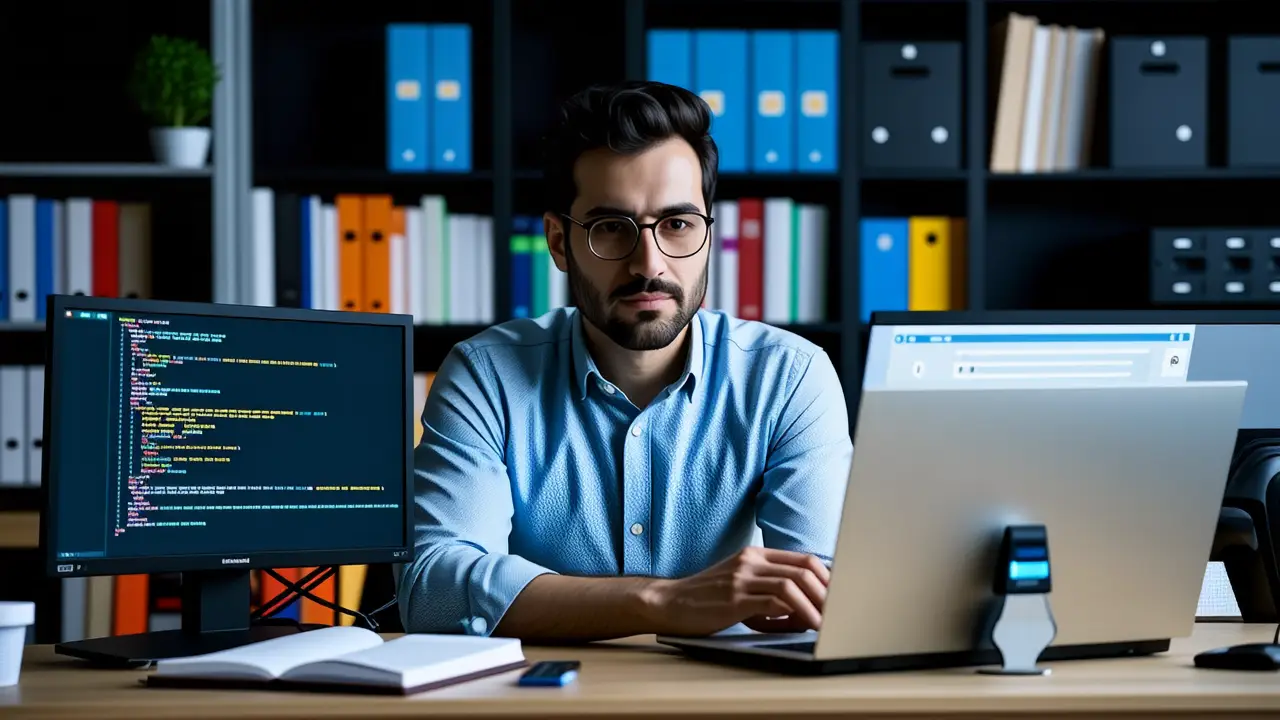RAID 5 Windows: Crea tu RAID por software 5 Un hombre pensativo trabaja con datos complejos