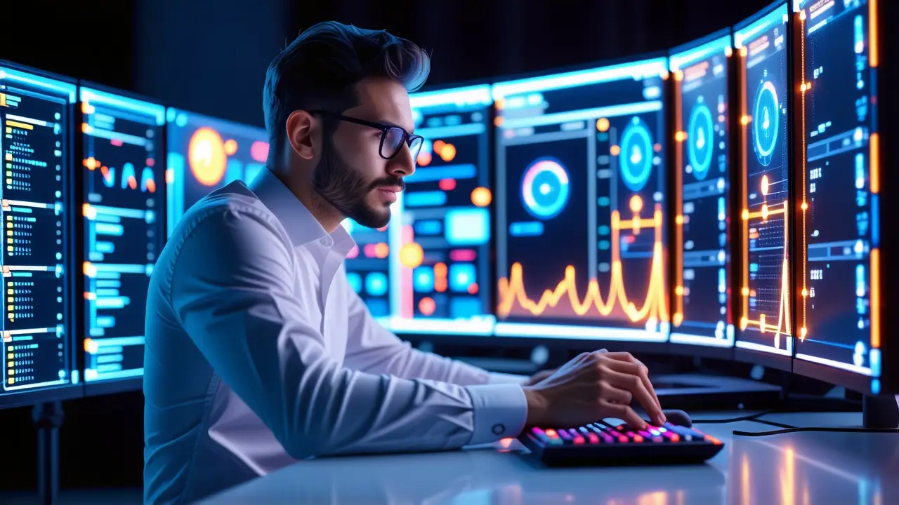 RAID 5 Windows: Crea tu RAID por software 3 Un hombre manipula datos en la noche