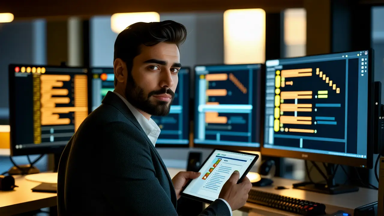 RAID 5 Windows: Crea tu RAID por software 4 Un hombre serio analiza software en oficina