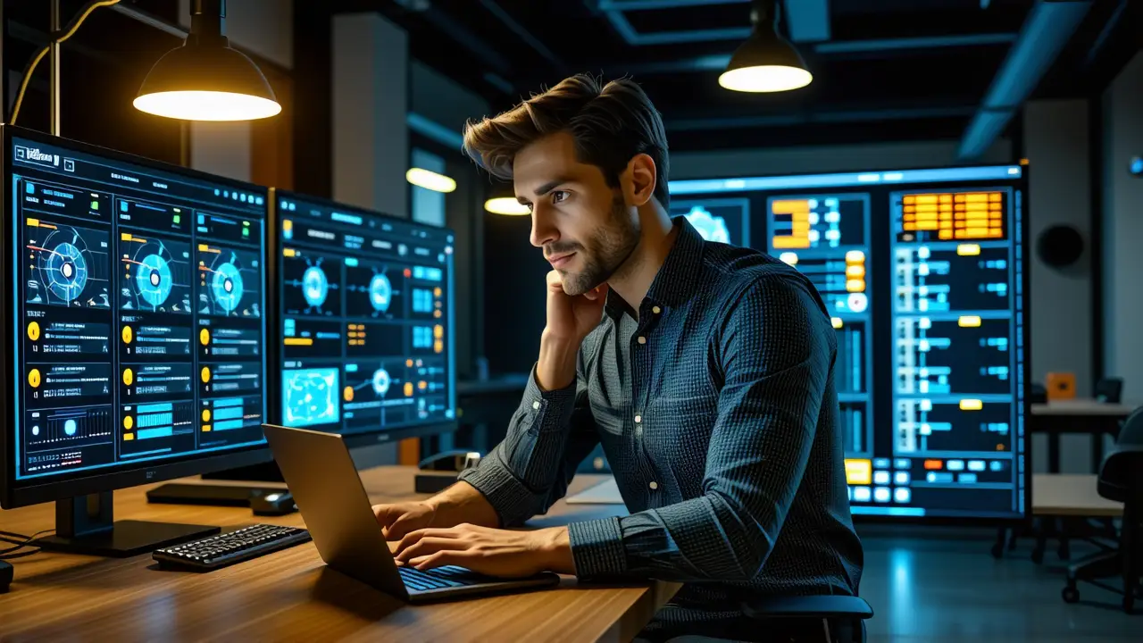 RAID 5 Windows: Crea tu RAID por software 2 Un hombre técnico trabaja en un entorno digital complejo