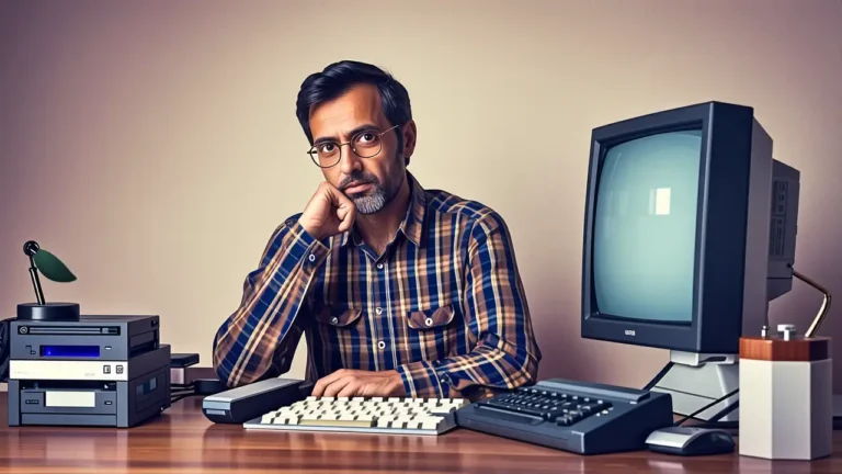 Un hombre pensativo observa una pantalla antigua