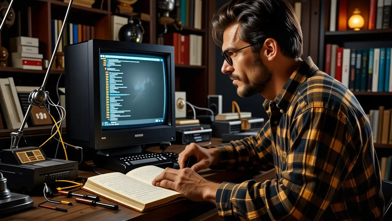 Configurar RAMDrive en Windows 98: Guía Rápida 4 Un hombre pensativo examina una vieja computadora