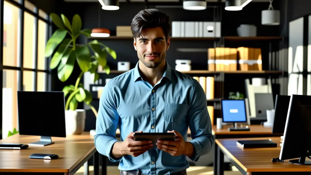 Un hombre joven realista en estudio moderno