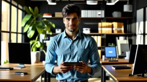 Un hombre joven realista en estudio moderno