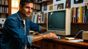 Un hombre retro-futurista limpia una pantalla vintage