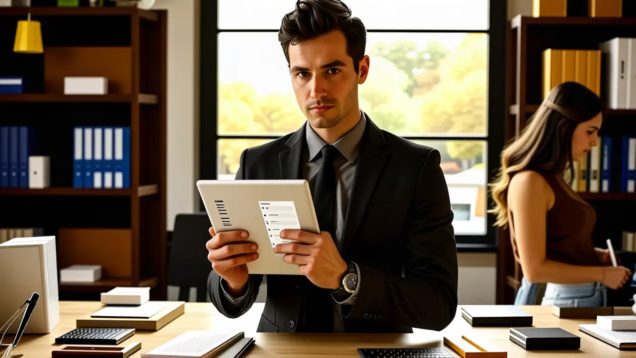 Un hombre en traje examina una tablet