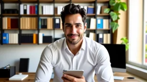 Un hombre joven sonríe frente a una oficina moderna