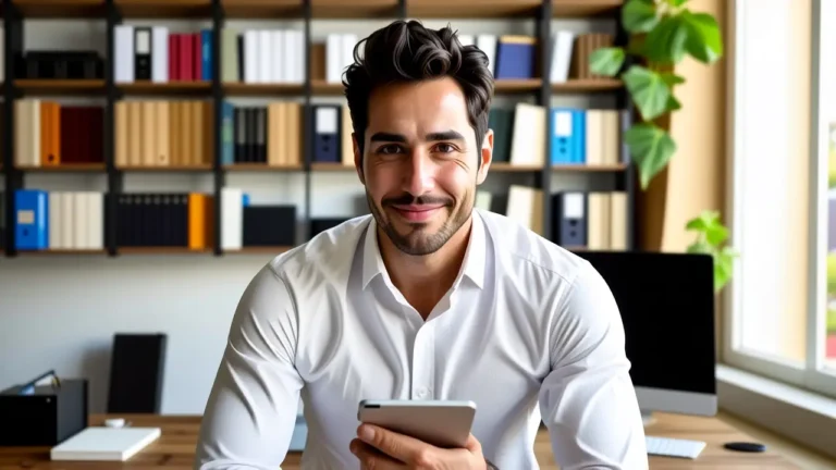 Un hombre joven sonríe frente a una oficina moderna