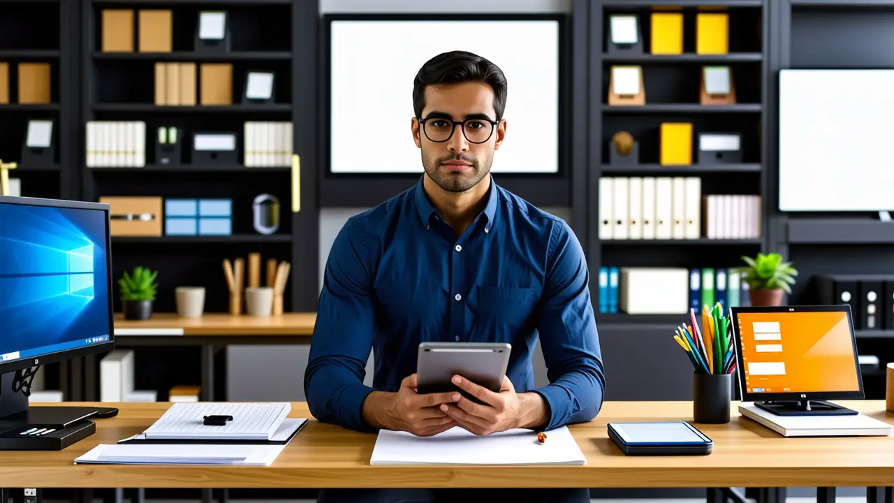 Un hombre serio usa una tableta en oficina
