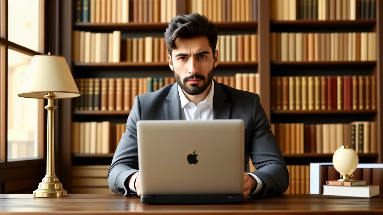 Un hombre serio examina una pantalla vintage