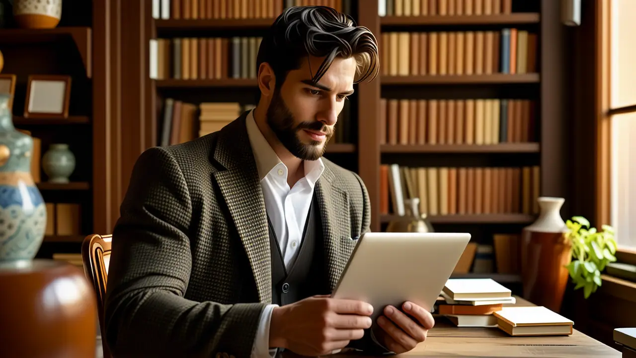 Un hombre pensativo examina un portátil en estudio cálido