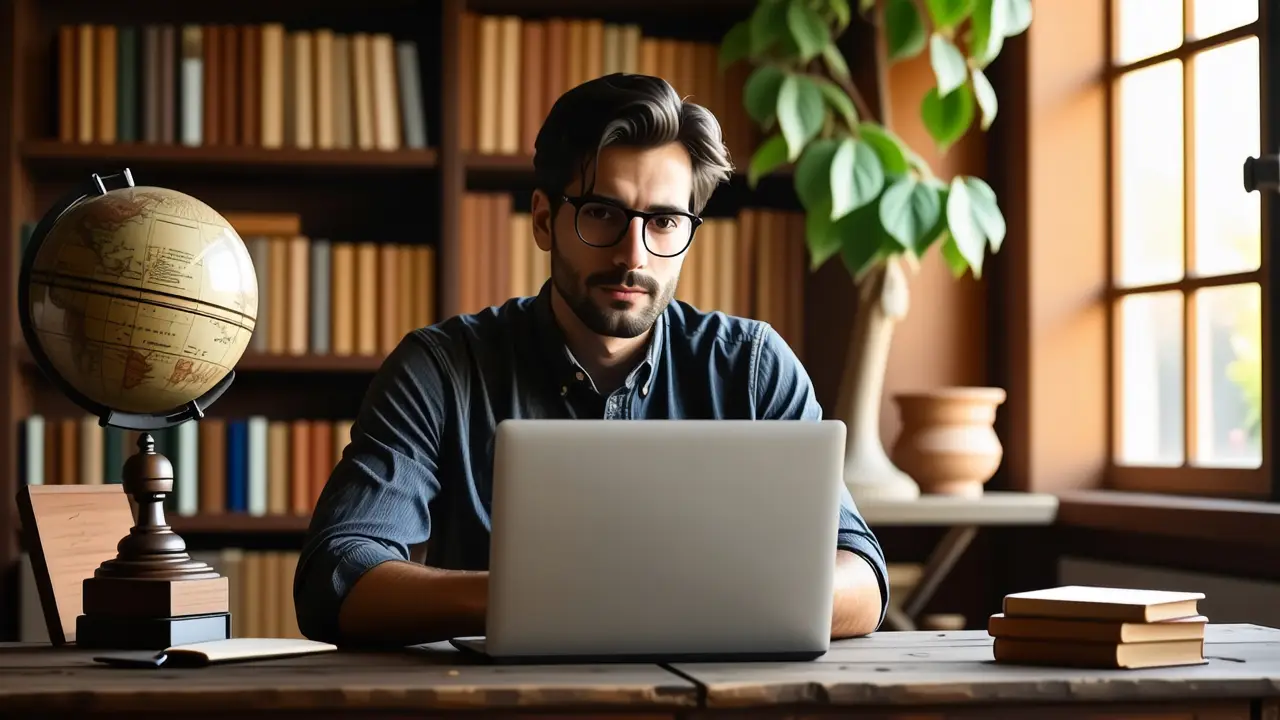 Un hombre pensativo usa un portátil vintage