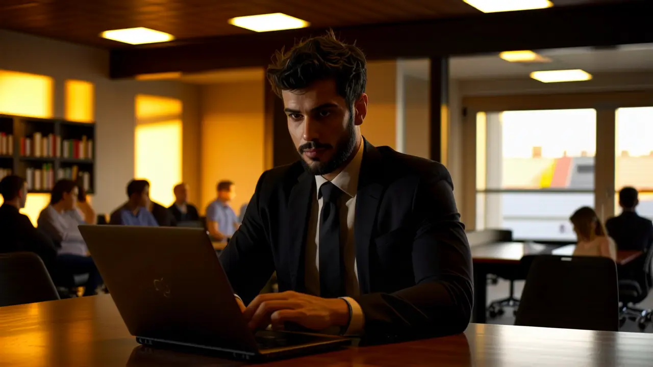 Un hombre serio trabaja en un despacho moderno