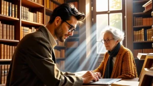 Un hombre pensativo ayuda a una anciana en biblioteca