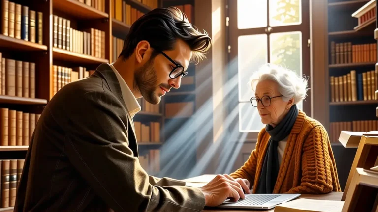 Un hombre pensativo ayuda a una anciana en biblioteca
