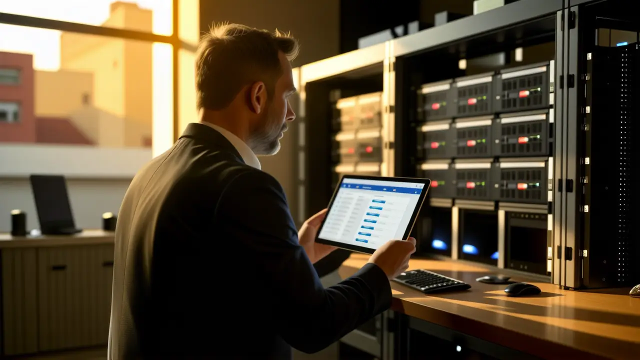 Un hombre profesional analiza datos en un entorno técnico