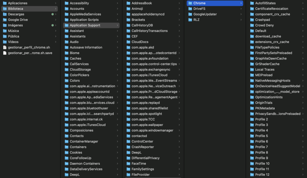 Ubicación de los perfiles de Google Chrome en macOS