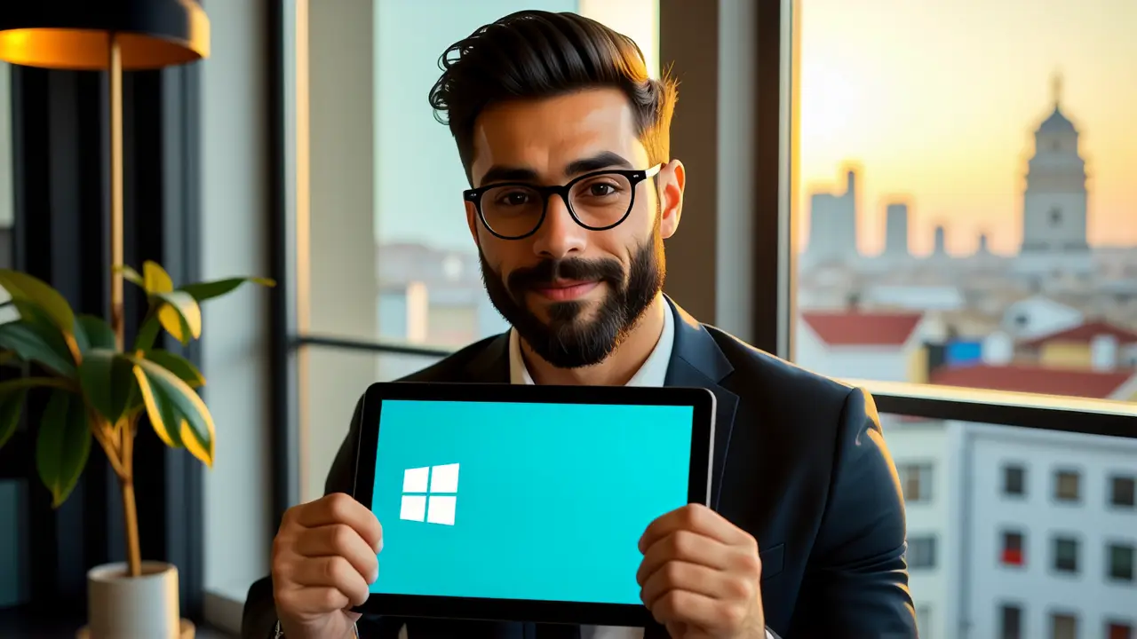 Un hombre moderno usa una tableta en oficina