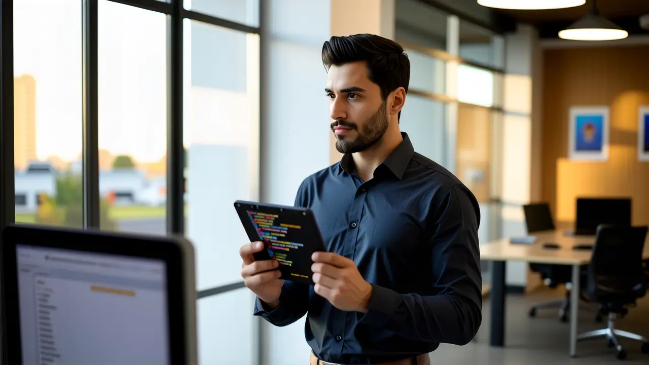 Un hombre pensativo usa una tableta en oficina