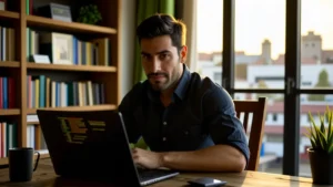 Un hombre pensativo resuelve código en su oficina cálida
