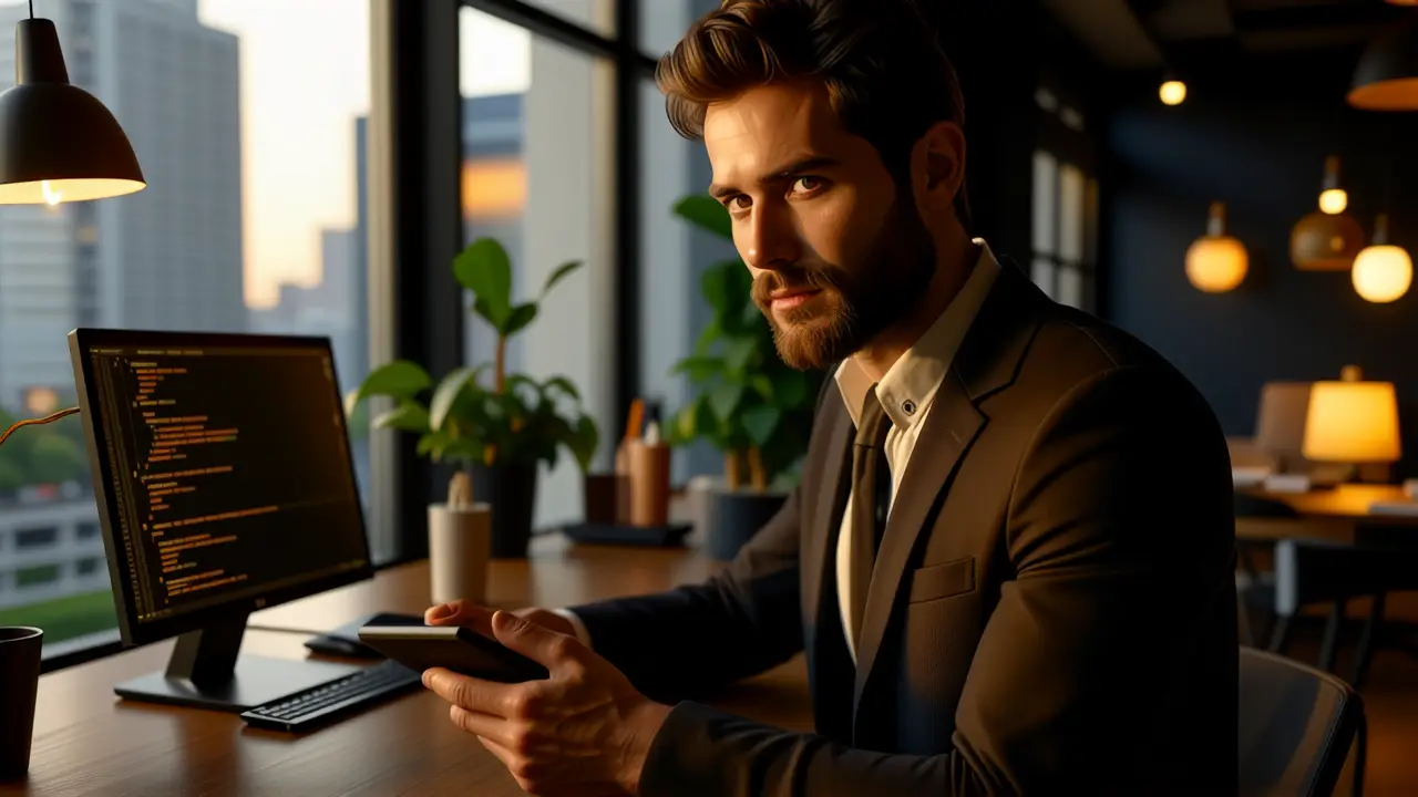 Un hombre pensativo examina código en luz dramática