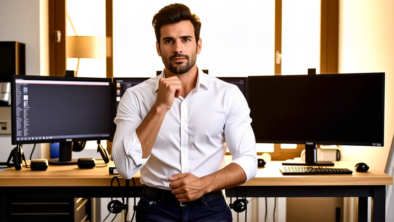 Un hombre pensativo examina una pantalla en oficina