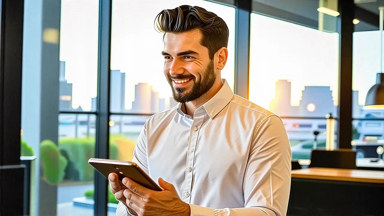Un hombre moderno sonríe frente a una ciudad borrosa