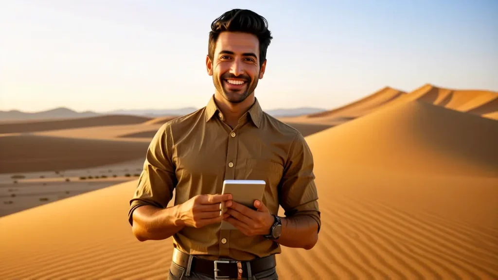 Un hombre moderno dibuja un desierto digital