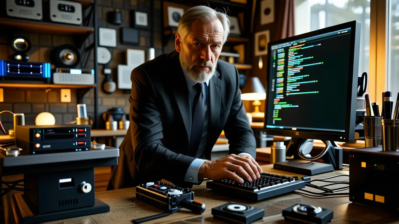 Un técnico serio examina equipo en la penumbra