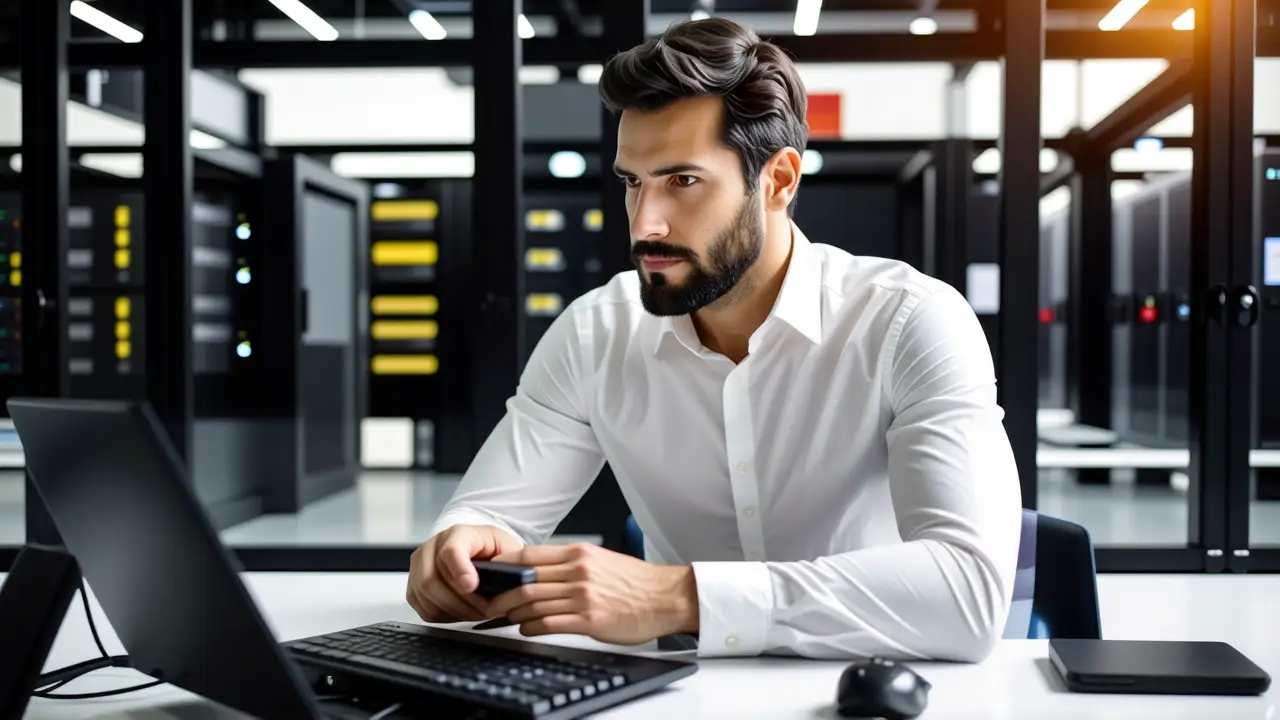 Windows Server 2012: Descarga ISO y Configuración 3 Un hombre pensativo examina documentación técnica en luz cálida