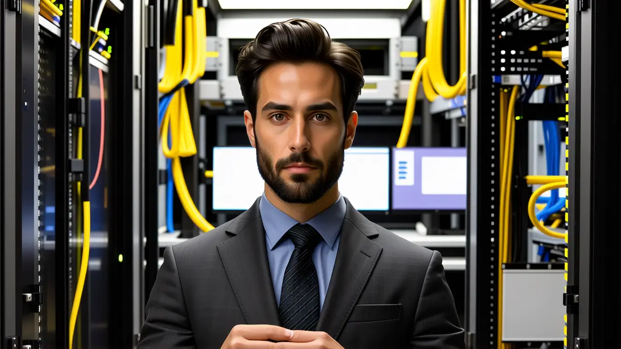 Windows Server 2012: Descarga ISO y Configuración 5 Un hombre serio examina un servidor en la oficina