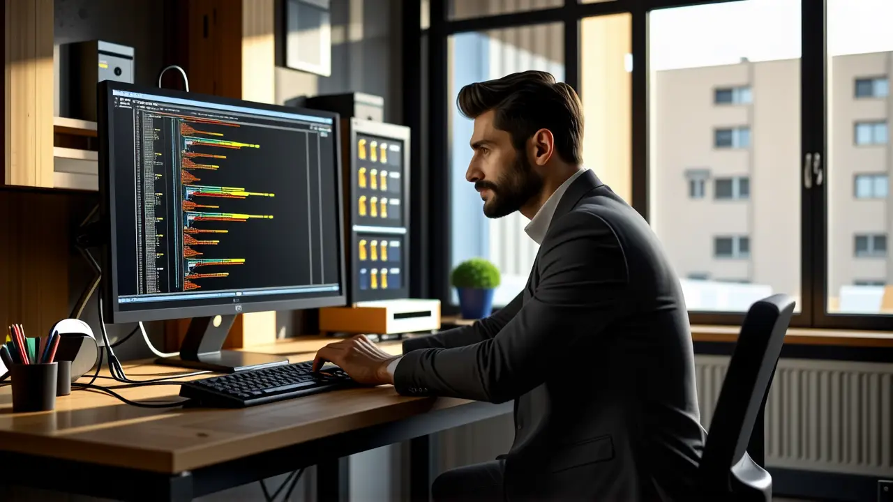Windows Server 2012: Descarga ISO y Configuración 4 Un hombre pensativo trabaja en un servidor moderno