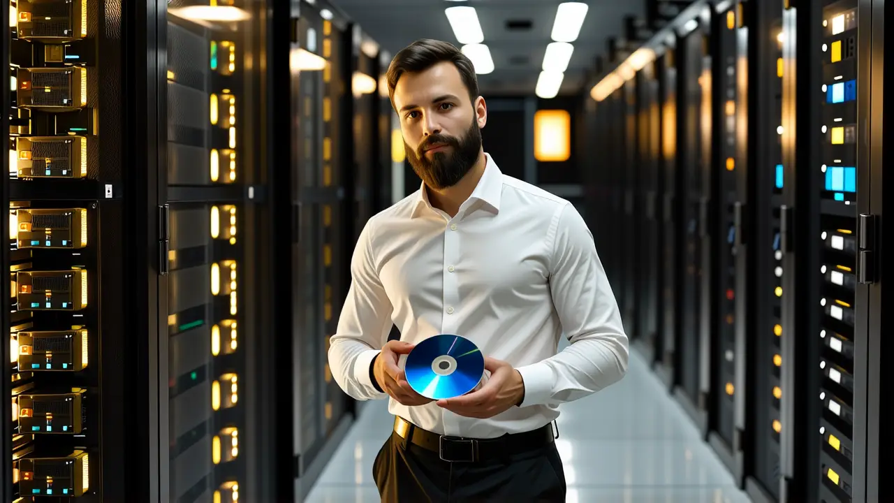 Windows Server 2012: Descarga ISO y Configuración 6 Un hombre pensativo sostiene un disco ISO