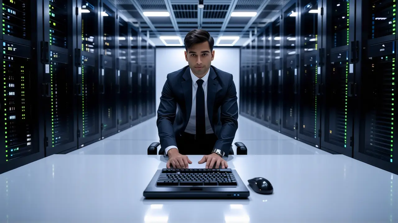 Windows Server 2012: Descarga ISO y Configuración 1 Un hombre serio trabaja en un entorno tecnológico moderno