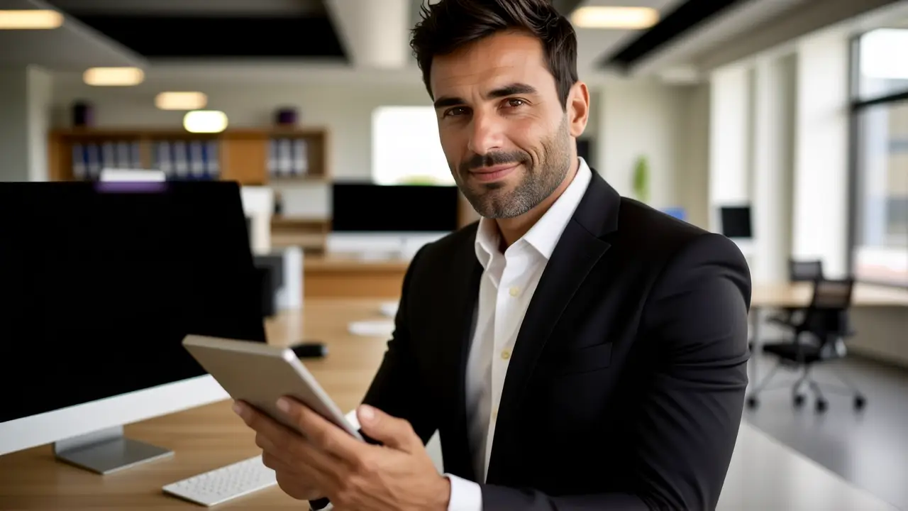 Un hombre profesional examina información técnica en un entorno moderno