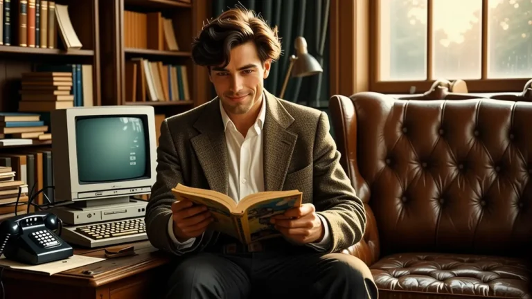 Un hombre pensativo estudia un ordenador antiguo