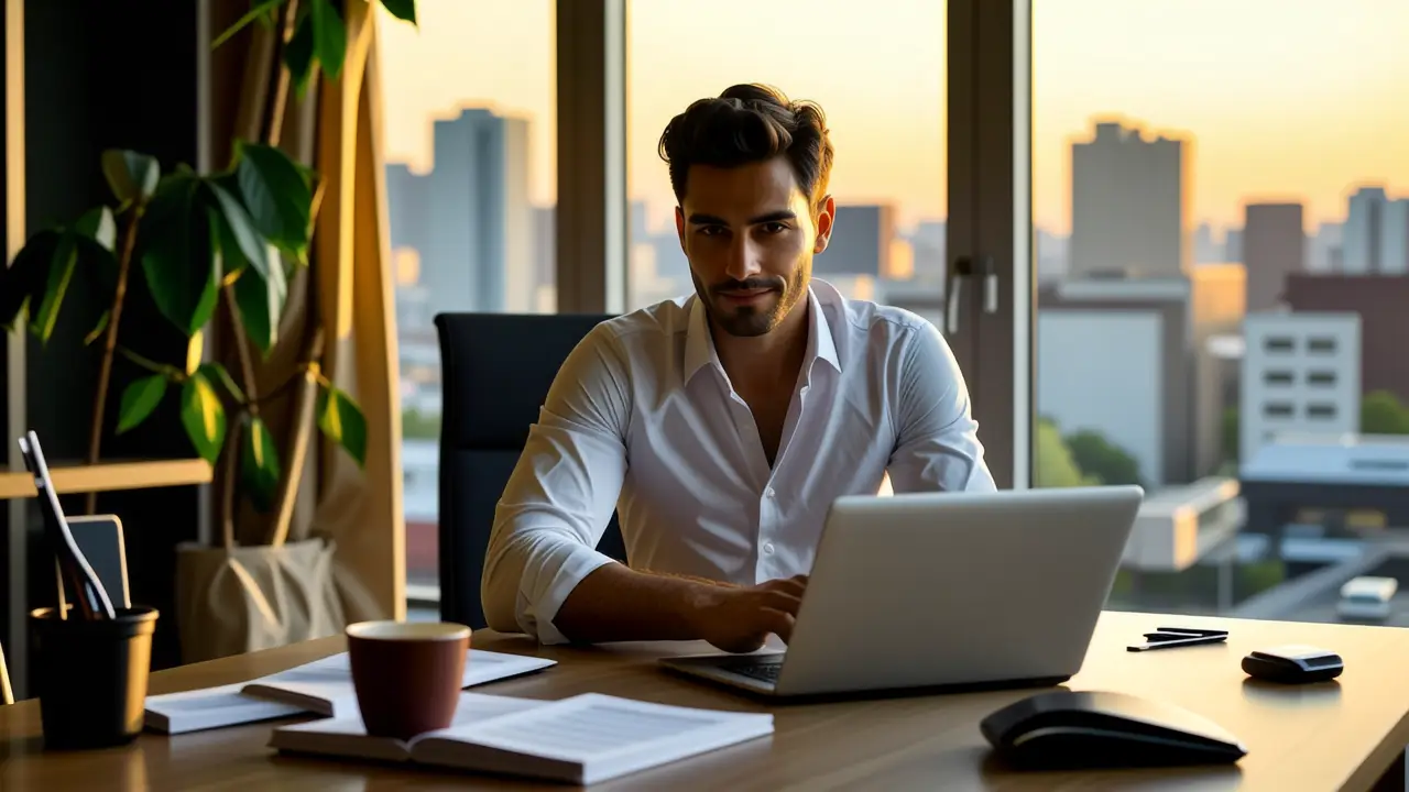 Un hombre pensativo resuelve problemas en oficina moderna