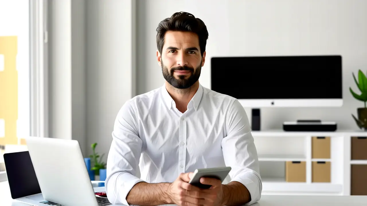 Un hombre moderno usa una tableta en oficina