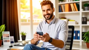 Un hombre moderno sonríe con smartphone en casa