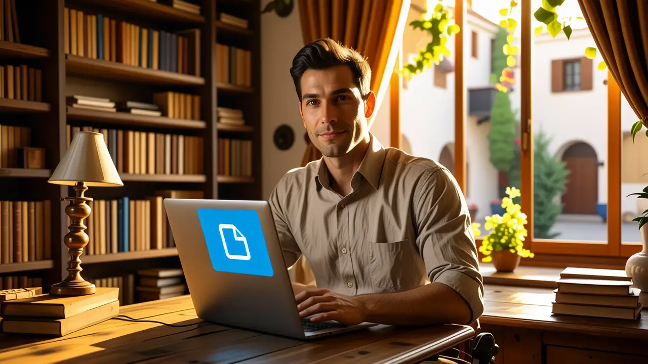Un hombre español moderno en estudio luminoso