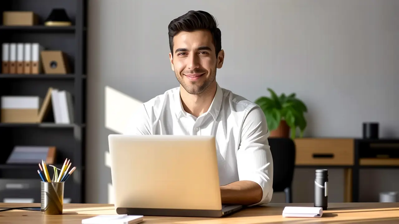 Un hombre realista pinta digitalmente en su oficina