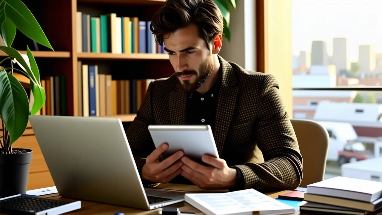 Un hombre pensativo usa tecnología en oficina