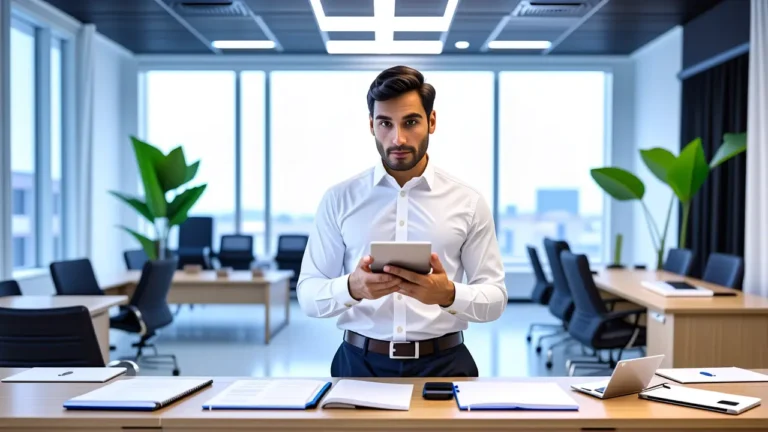 Un hombre pensativo usa una tableta en oficina