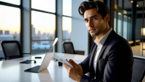 Un hombre moderno luce seguro con su tableta