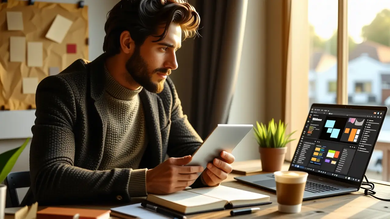 Un hombre pensativo usa una tableta en estudio