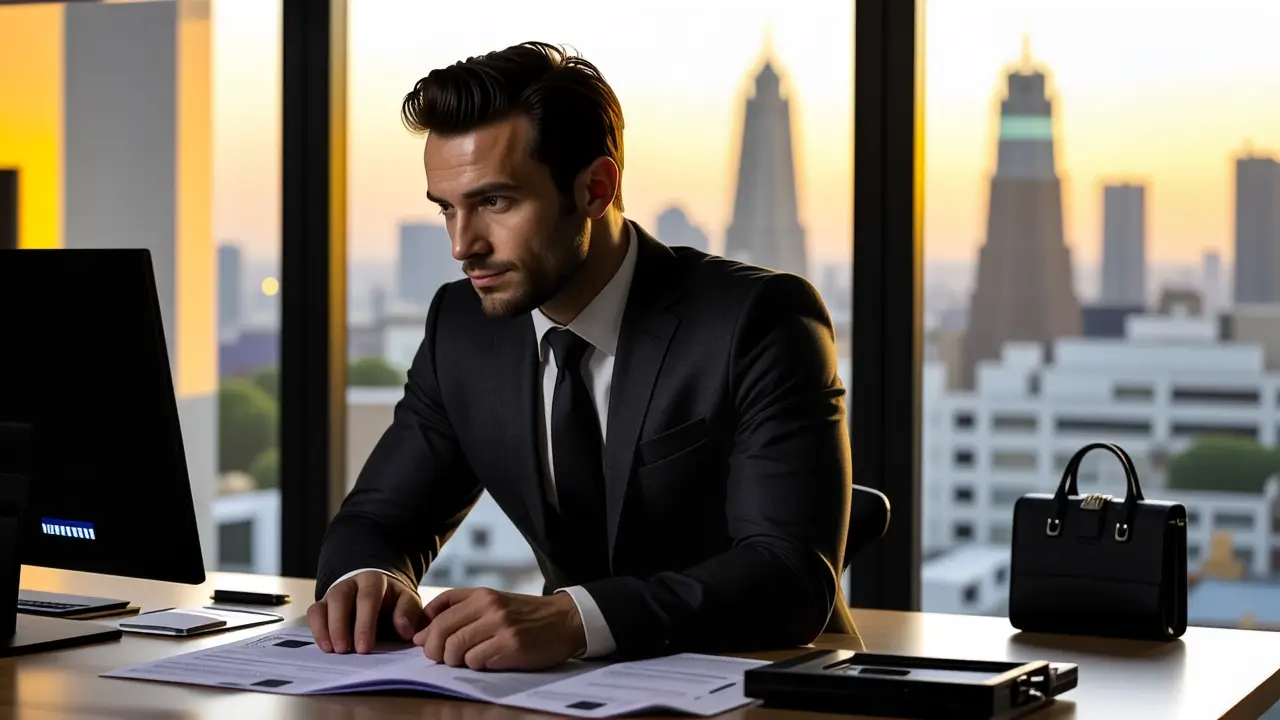 Un hombre en traje contempla documentos con intensidad