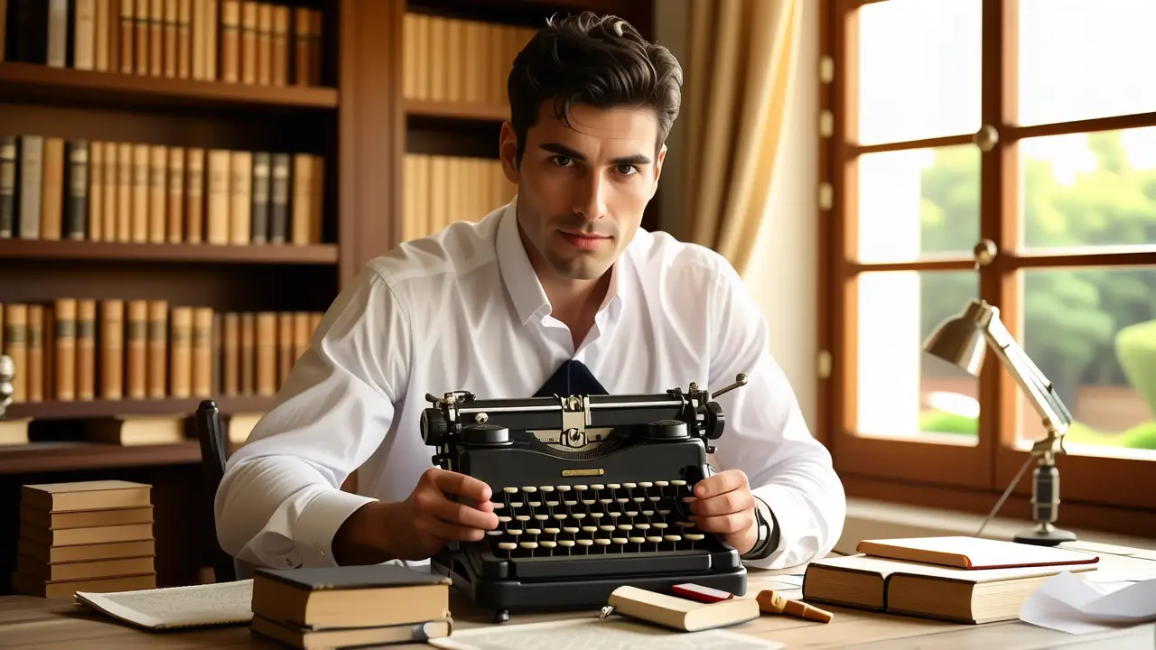 Un hombre elegante lee en estudio cálido