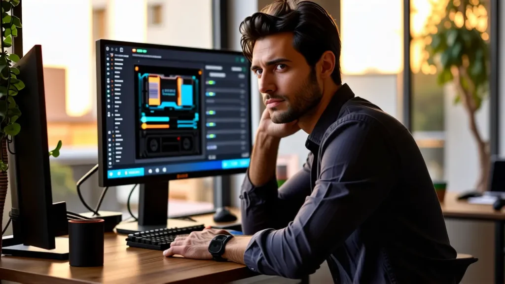 Un hombre pensativo trabaja en un estudio digital