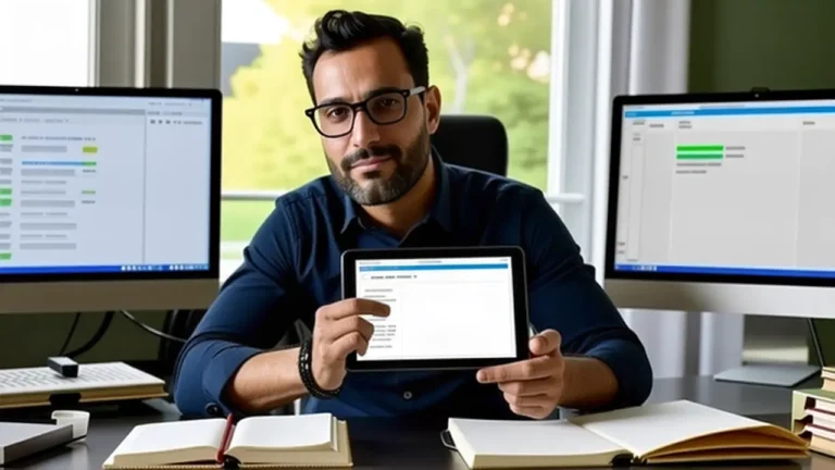 Un hombre pensativo trabaja con tecnología vintage